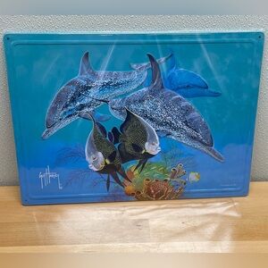 Guy Harvey Bottlenose Dolphins & Tropical Fish Metal Sign. 17”x12”
